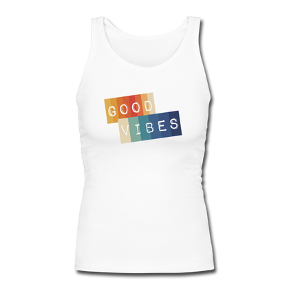 Good Vibes Women's Longer Length Fitted Tank - white