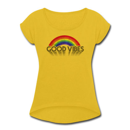 Good Vibes Women's Roll Cuff T-Shirt - mustard yellow