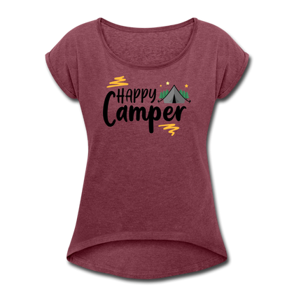 Happy Camper Women's Roll Cuff T-Shirt - heather burgundy