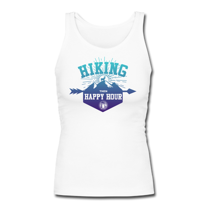 Hiking Then Happy Hour Women's Longer Length Fitted Tank - white