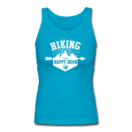 Hiking Then Happy Hour Women's Longer Length Fitted Tank - turquoise