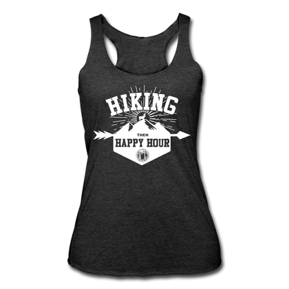 Hiking Then Happy Hour Women’s Tri-Blend Racerback Tank - heather black