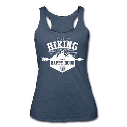 Hiking Then Happy Hour Women’s Tri-Blend Racerback Tank - heather navy