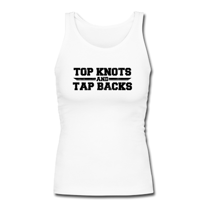 Top Knots and Tap Backs Women's Longer Length Fitted Tank - white