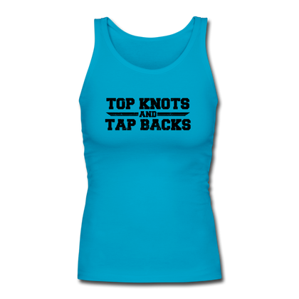 Top Knots and Tap Backs Women's Longer Length Fitted Tank - turquoise